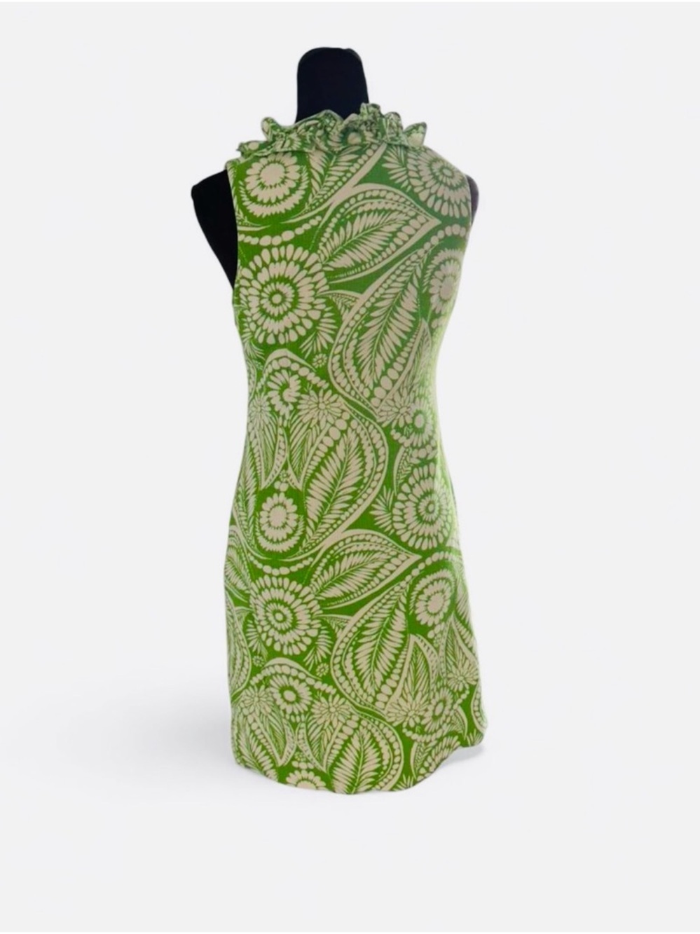Kate Spade Green White Floral Textured Shift Dress Ruffle Neck XS - Picture 4 of 5